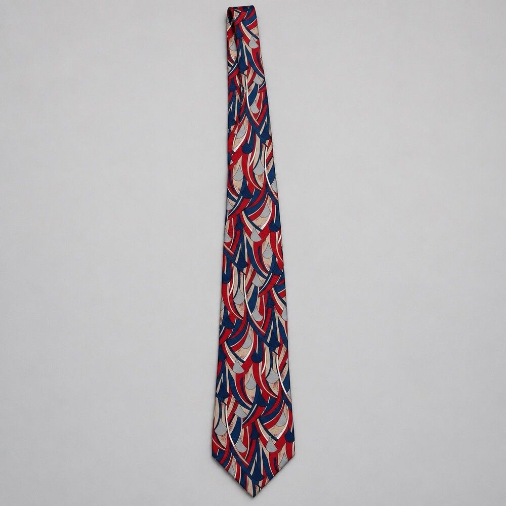 J.T. Beckett Men’s All Silk Tie Red Navy Cream Abstract Geometric Necktie